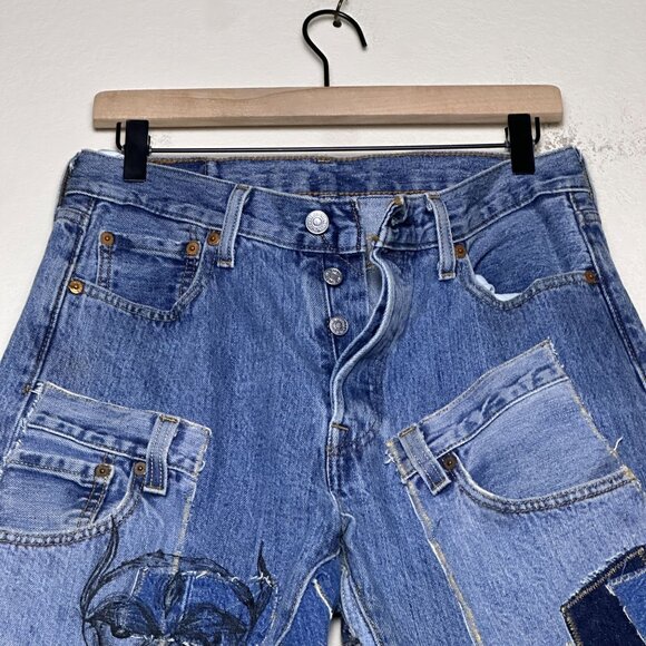 TERRIFIED CREATURE Custom Made DiY Patchwork Women 30 Denim Jean Pant Button Fly - Picture 13 of 16